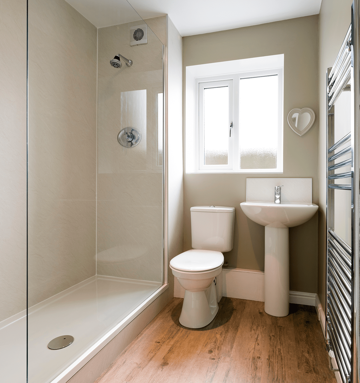 Modern bathroom with shower and wooden floor