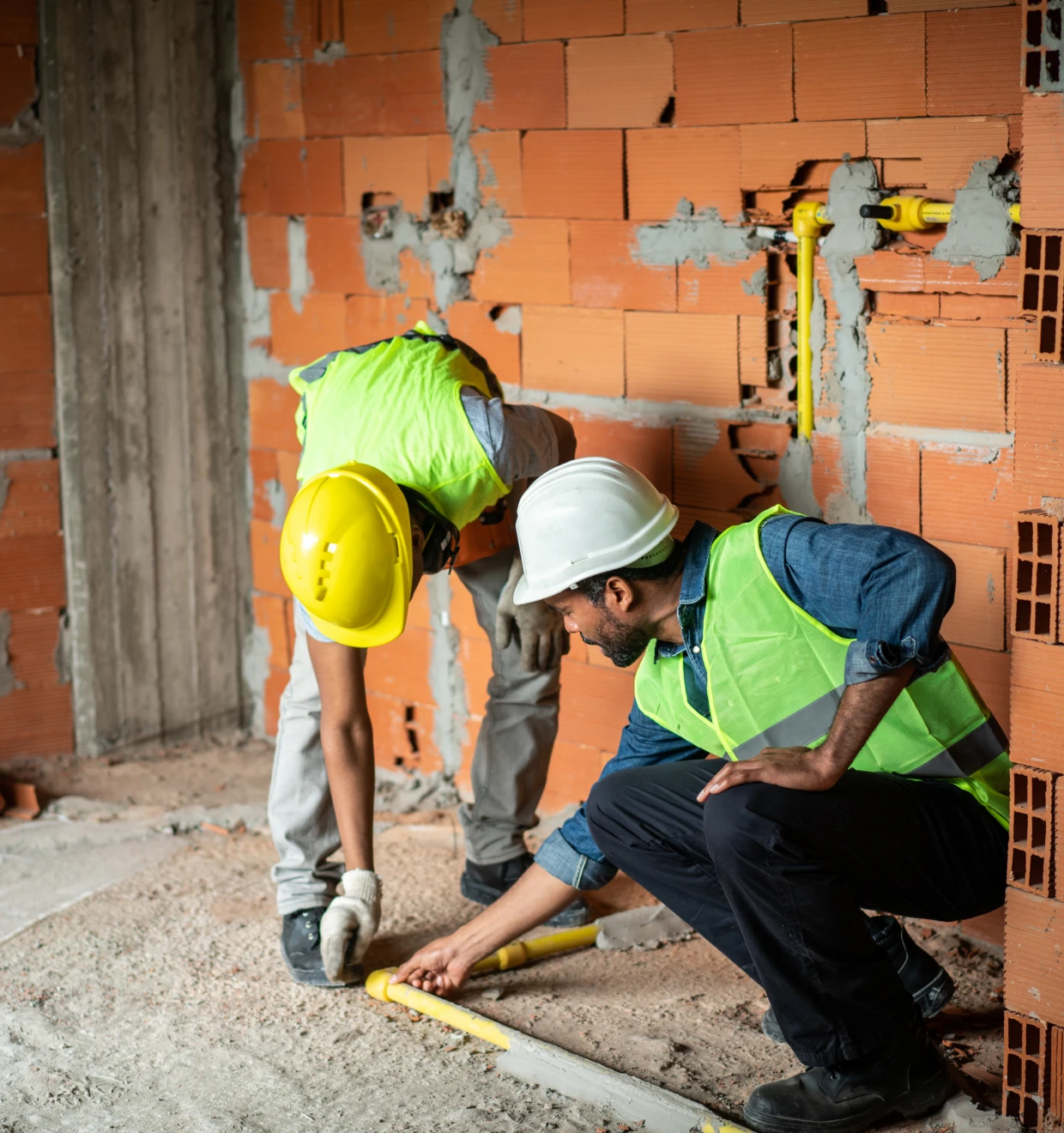 Workers in safety gear measuring area